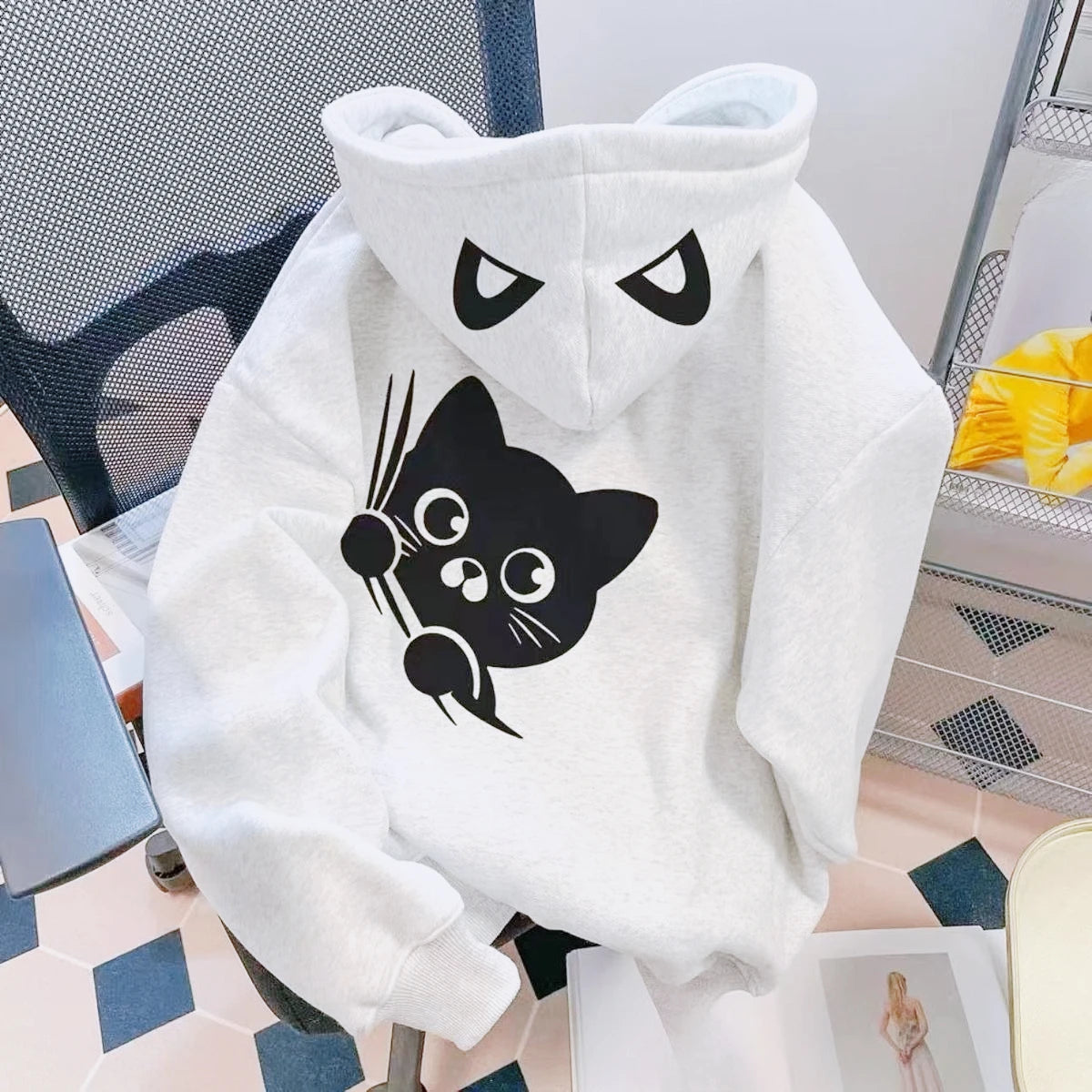 黒猫&肉球プリント フード付きパーカー