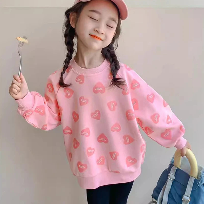 キュートなハートプリント長袖トレーナー