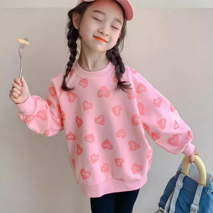 キュートなハートプリント長袖トレーナー