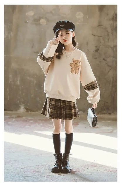 くまさん刺繍×チェック柄プリーツスカートセット