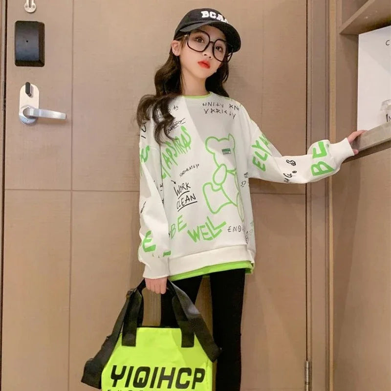 クマプリント長袖スウェット ゆったりカジュアルトップス