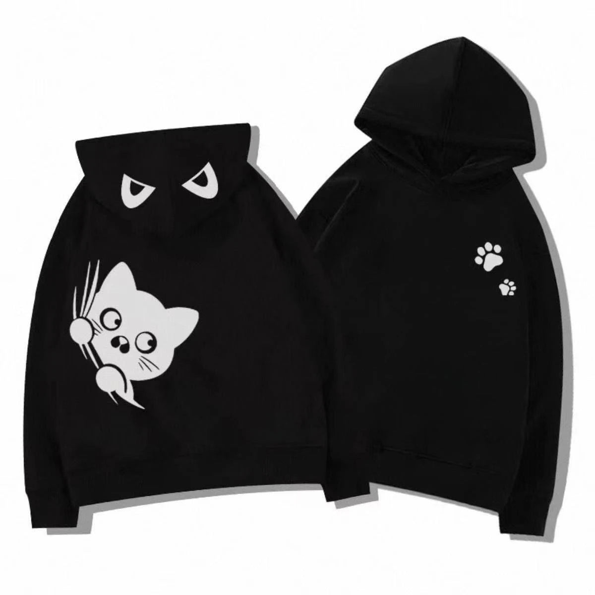 黒猫&肉球プリント フード付きパーカー