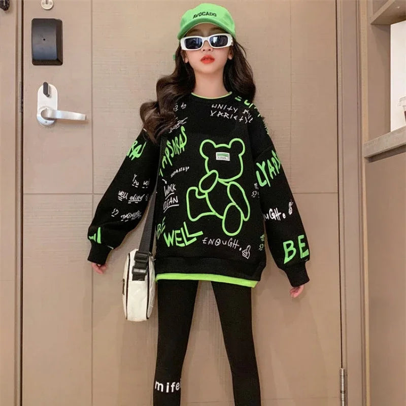 クマプリント長袖スウェット ゆったりカジュアルトップス