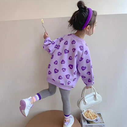 キュートなハートプリント長袖トレーナー