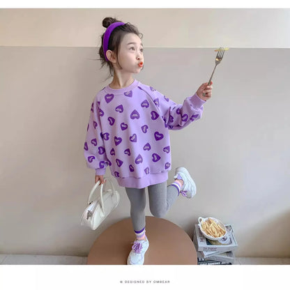 キュートなハートプリント長袖トレーナー